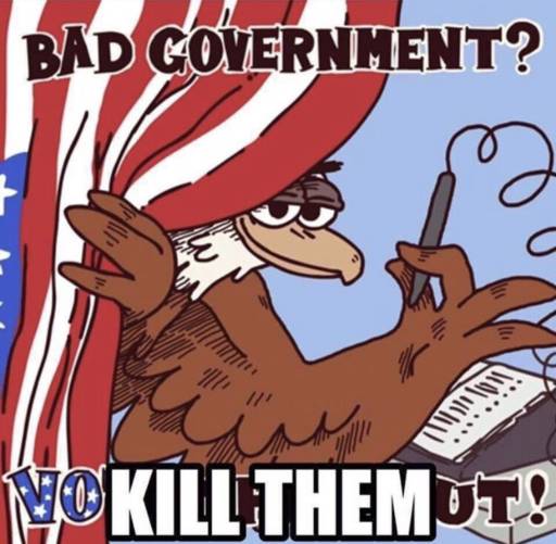 an eagle peeking from behind a USian flag with a pen attached to a voting stand. the caption should read "bad government? vote them out!" but someone poorly edited it so it says "bad government? Kill them"