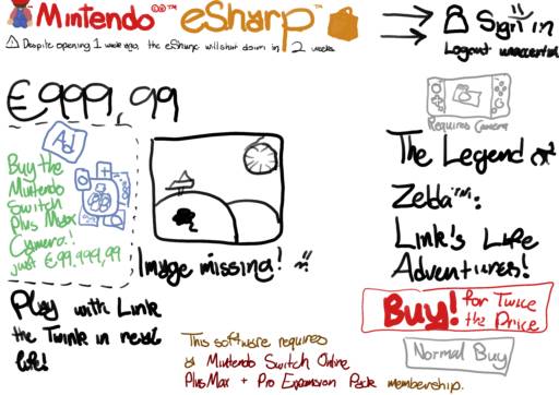 a screenshot of the “Mintendo eSharp” (fake) displaying “TLoZ: Link's Life Adventures!” for 999.99 euros. It's missing any cover images and described as “Play with Link the Twink in real life!”. There's a fuck ton of dark patterns, adverts, eSharp closing notices, subscription notices, and other things littered around the page. The Mintendo logo is also a back view of a Mario with a giant ass sitting.