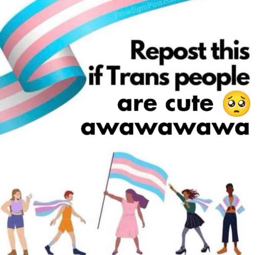 a very low quality cranchy version of the “Repost if Trans people are safe with you” meme that says “Repost if Trans people are cute 🥺️ awawawawa”