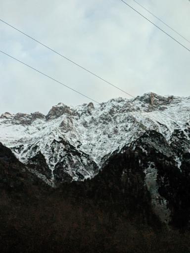 a photo of the alps near Garmisch-Partenkirchen with powerlines through the shot. the photo looks black and white, but it is not.