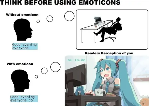 "Think before using emoticons", the image warns if you simply say "Good evening everyone", you will look like a professional adult who means serious business. However, if you add a wide smiley face to the end of the sentence you look like Hatsune Miku joyously using her computer on a sunny morning.